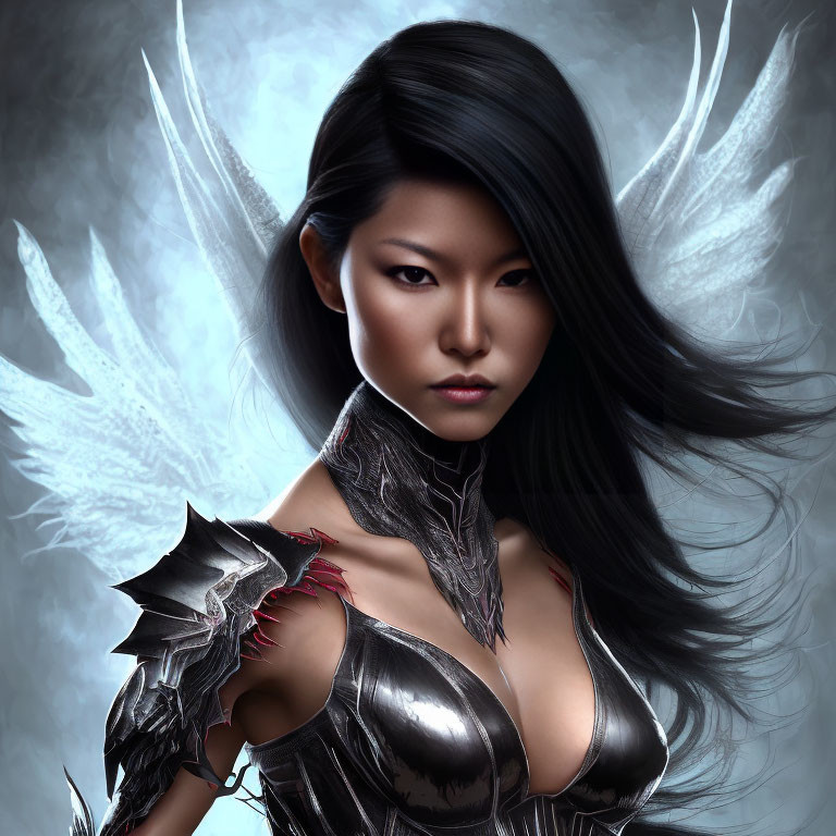 Digital artwork: Strong Asian woman in metallic armor with wing-like structures