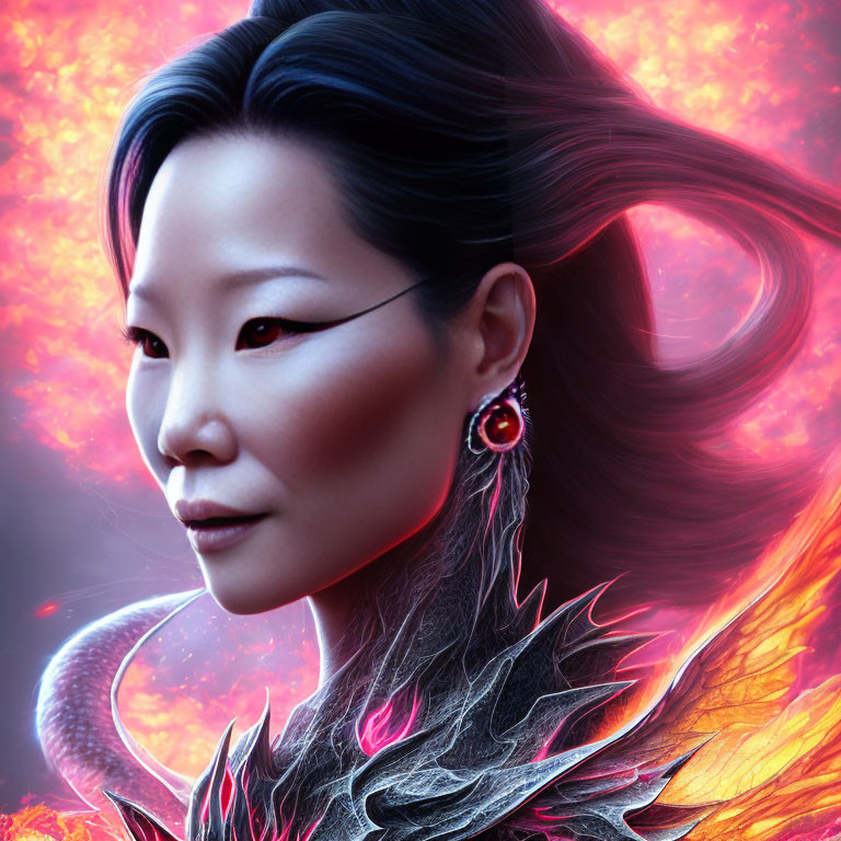 Asian woman digital portrait with red glowing eyes and flowing hair on fiery red background.
