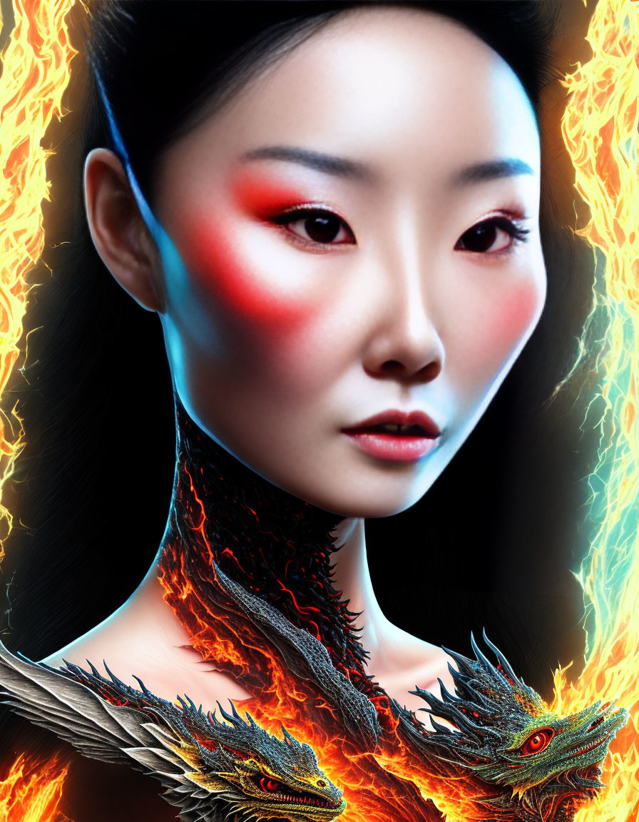Woman with dramatic makeup and fiery dragon imagery blend elegance and mythological power