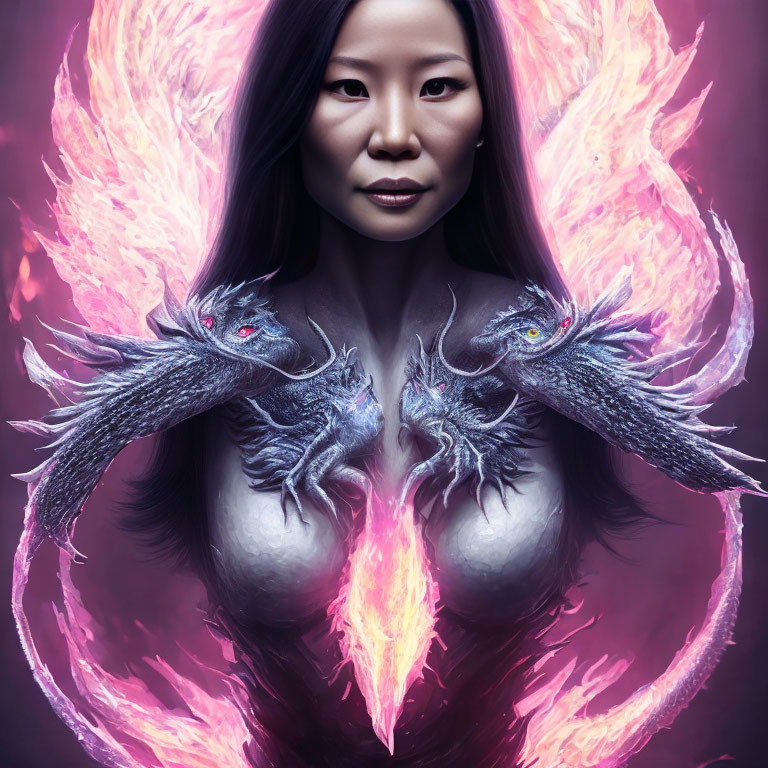Woman with fiery phoenix effect and mystical bird creatures in ethereal setting