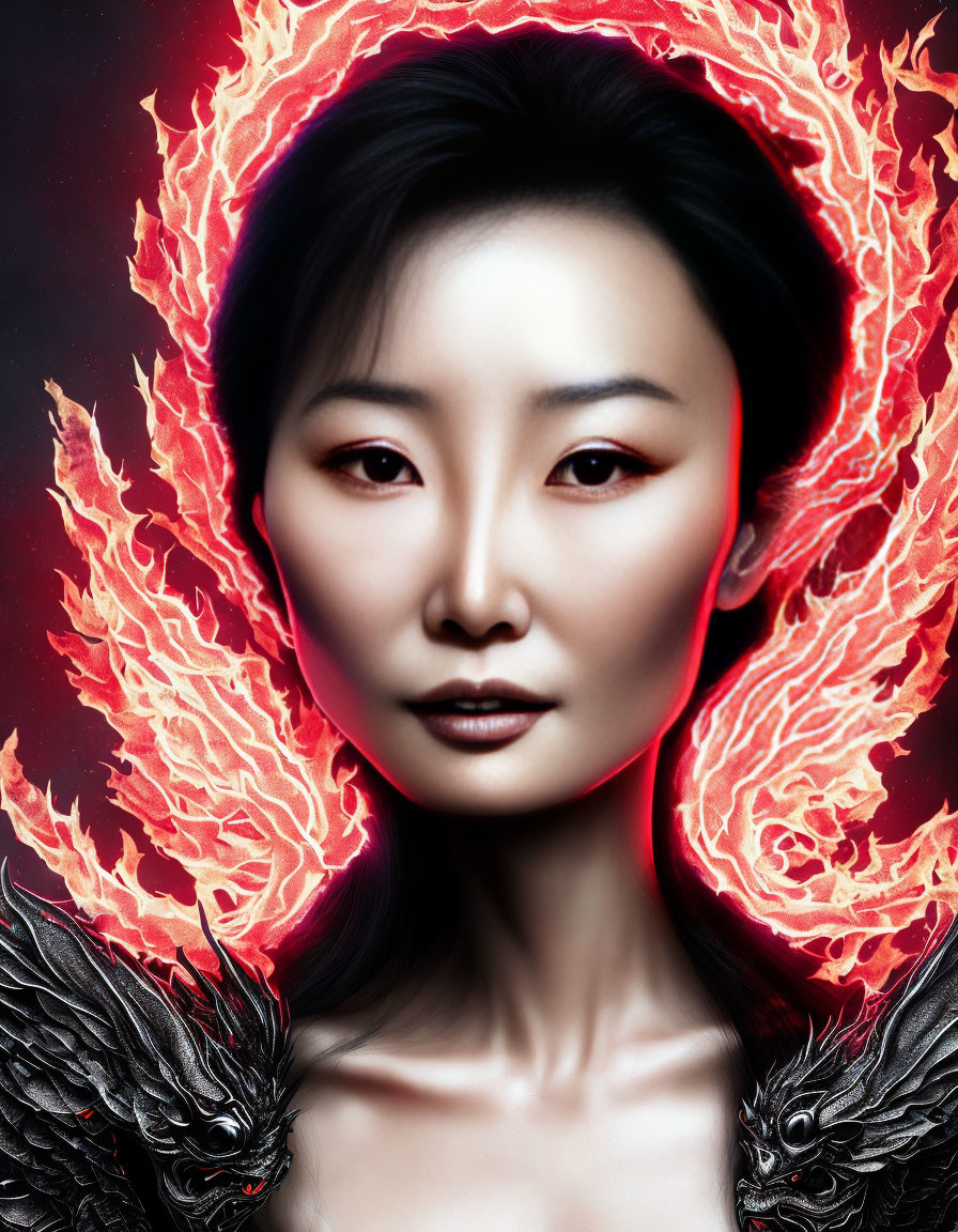 Digital art portrait of woman with red aura and dark angel wings