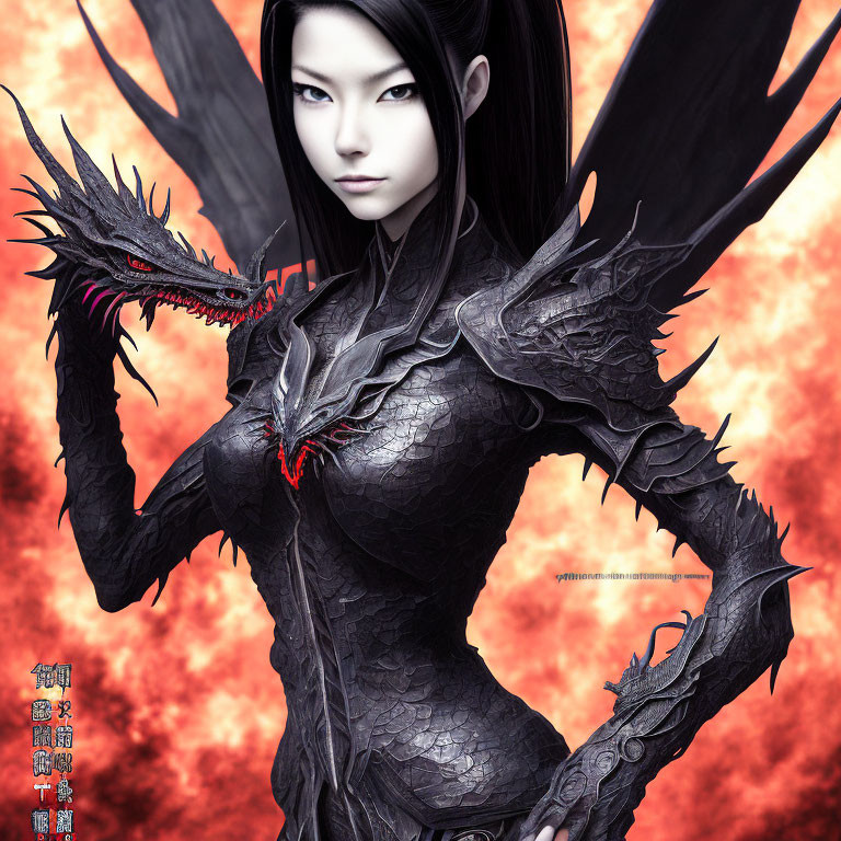 Digital Artwork: Stern-faced Woman in Dragon Armor with Winged Creature