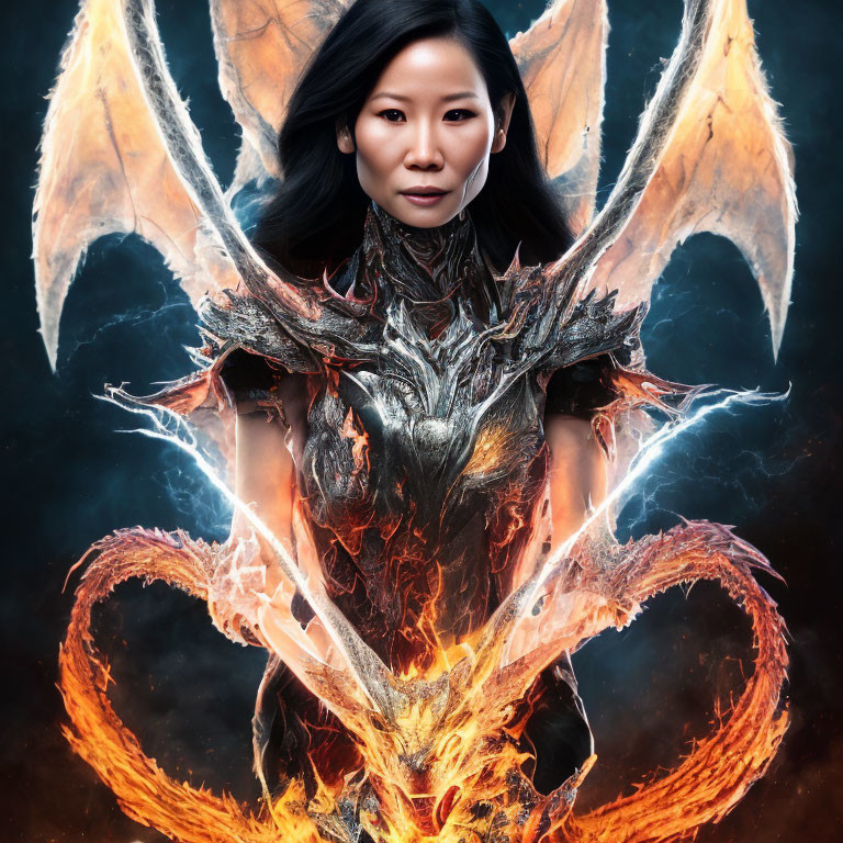 Woman's face in fiery dragon-themed armor with wings on dark background