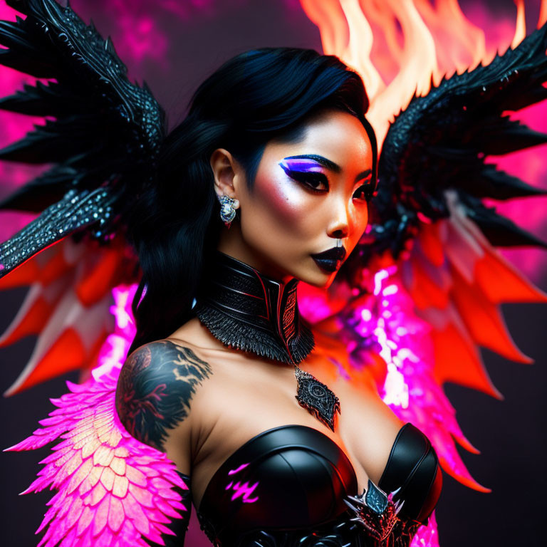 Digital Artwork: Woman with Fiery Wings, Dramatic Makeup, and Tattoos