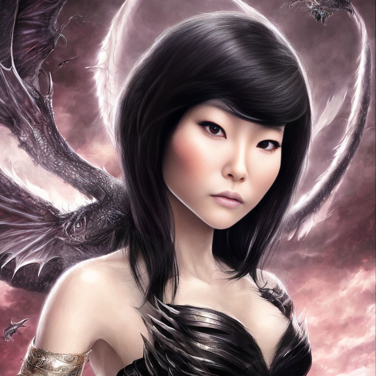 Digital portrait of woman with black hair and fair skin and fantastical dragon in mystical purple backdrop.