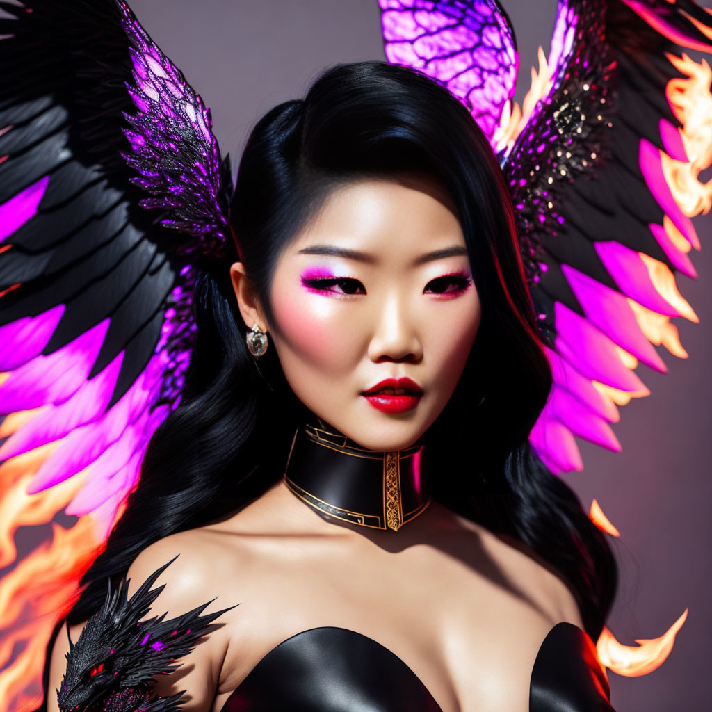 Portrait of Woman with Pink Eye Makeup, Black Feathered Wings, Flames, and Purple Background
