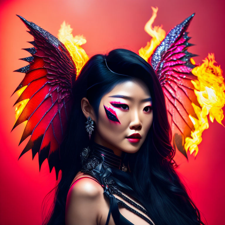 Woman with dramatic winged makeup and fiery wings in fantasy character vibe