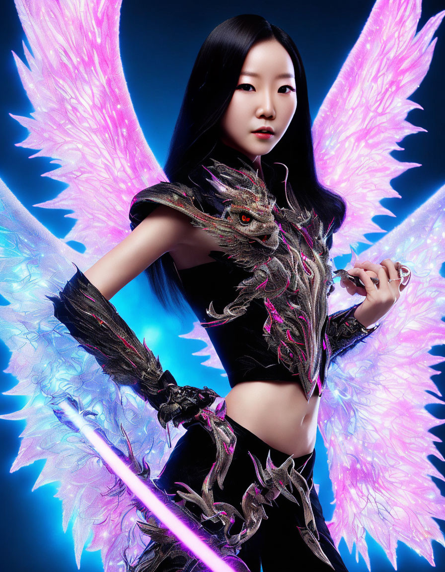 Person with Glowing Pink Wings in Dragon Outfit with Light-Saber-Like Weapon