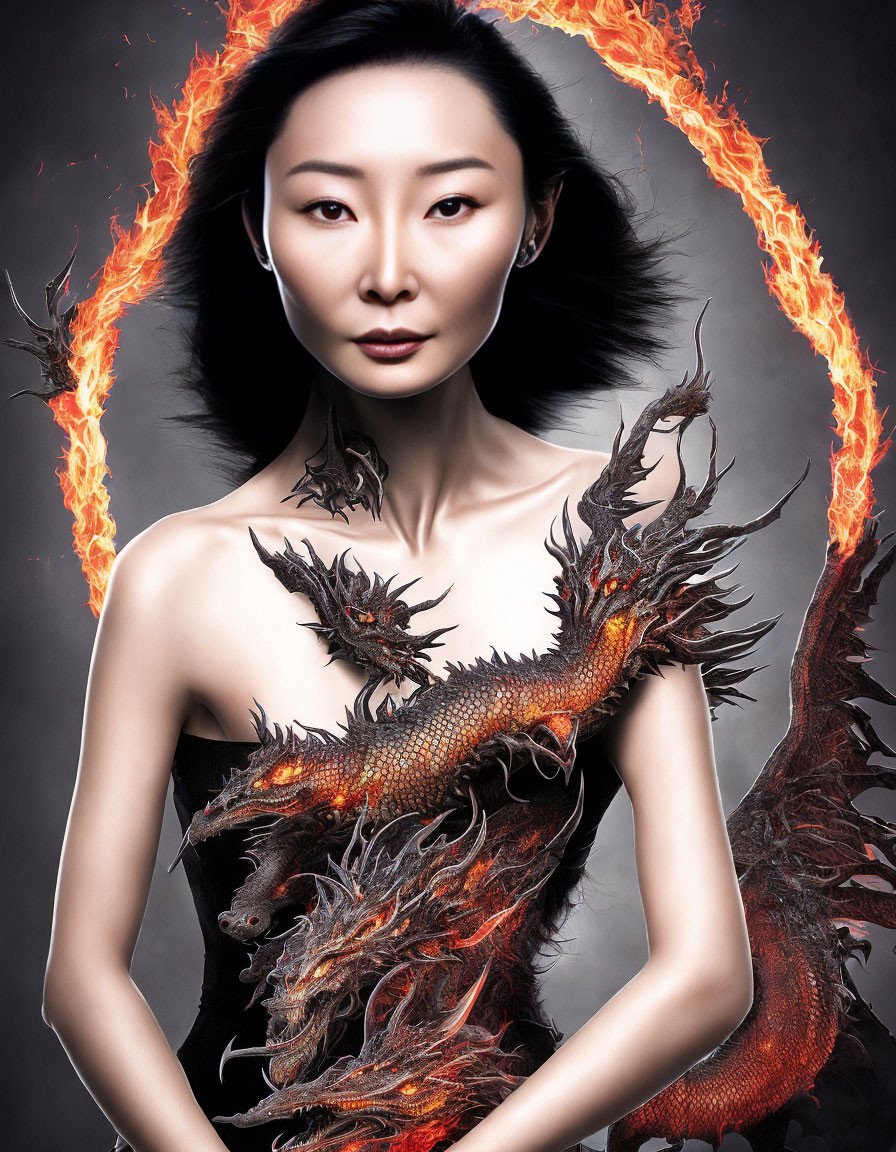 Fiery dragon-themed woman with mystical aura in dark background