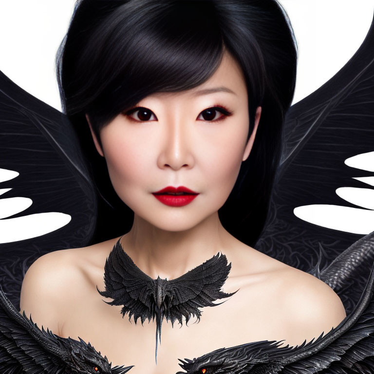 Woman with Striking Makeup and Black Feathered Wings Portrait