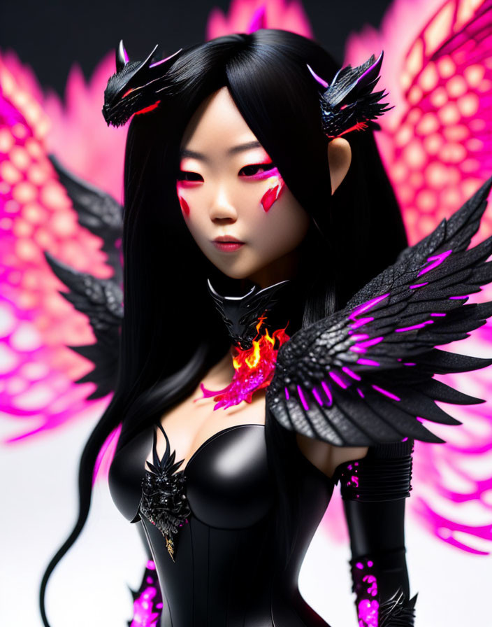 Black angel wings doll with pink glowing eyes in ornate attire against pink flames