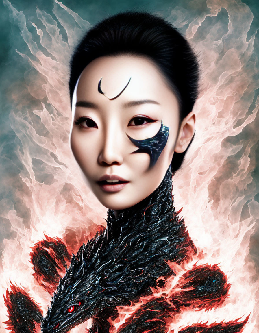 Person's Portrait with Stylized Makeup: Crescent Moon, Darkened Eye, Flaming Dragon