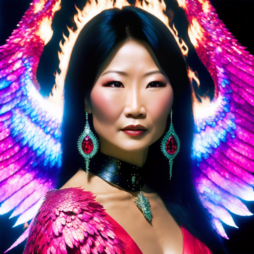 Asian woman with fiery winged background, green earrings, necklace, and feathered shoulders.