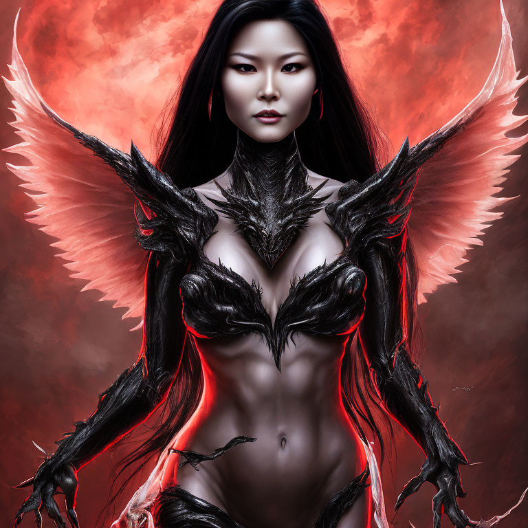 Digital Artwork: Woman with Dark Angelic Wings and Black Armor on Red Background