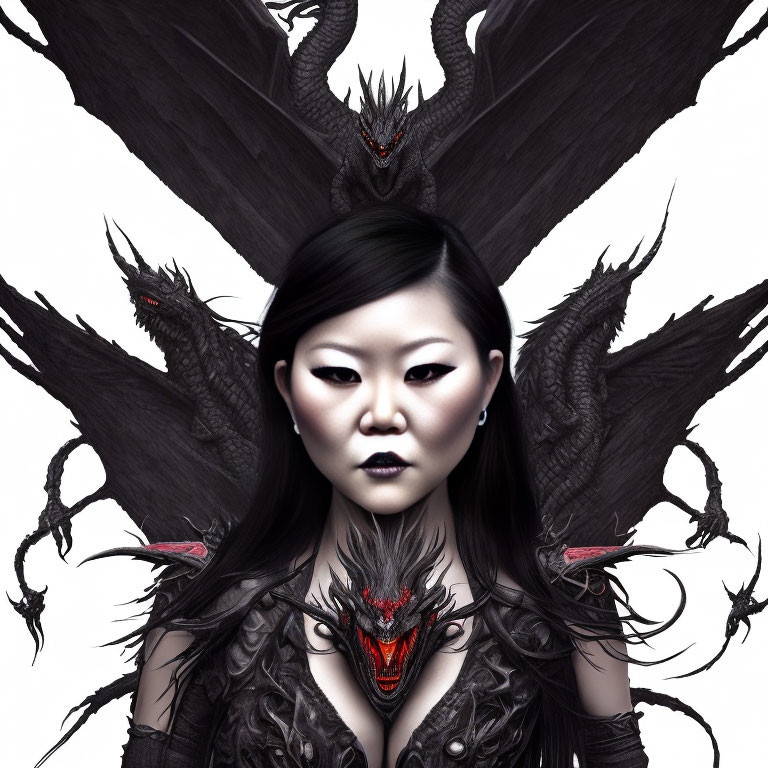 Dark fantasy illustration of a woman with winged creatures.