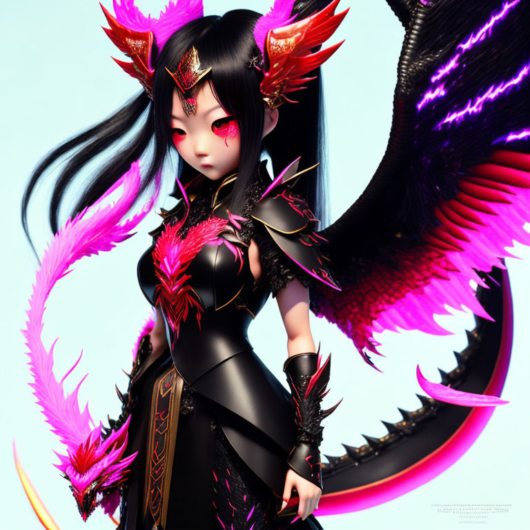 Fantasy female character with black hair, red armor, and large wings