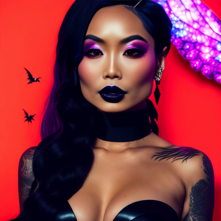 Woman with dramatic makeup and tattoos against red backdrop with butterfly wings and bats