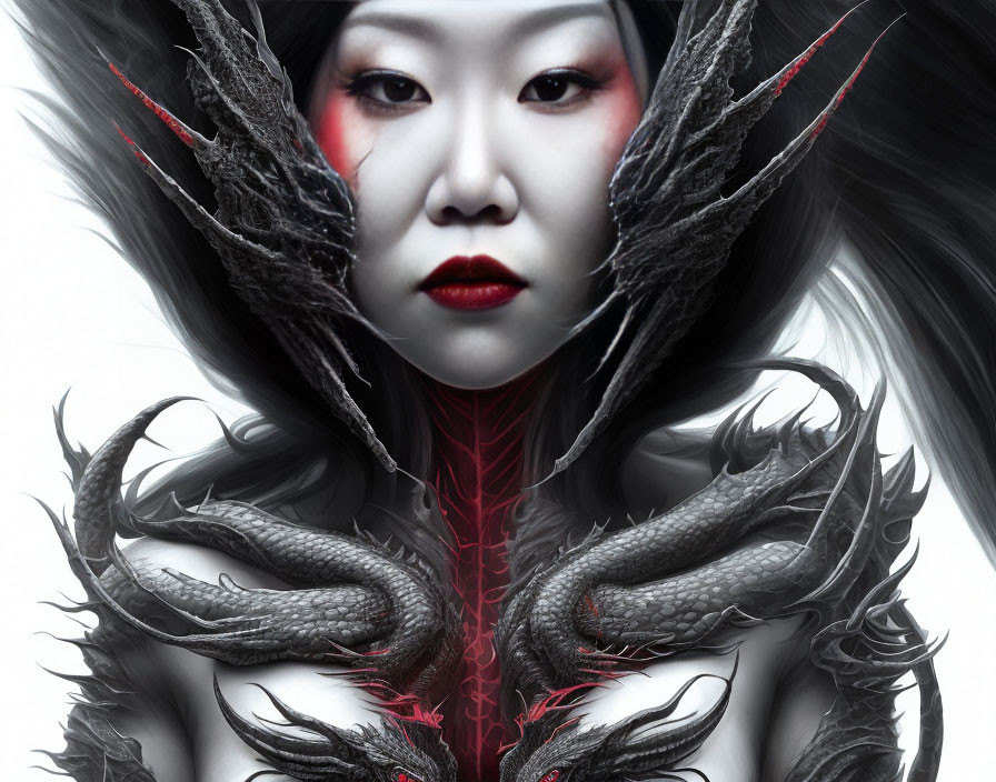Portrait of a person with red makeup and dragon-like creatures in fantasy setting