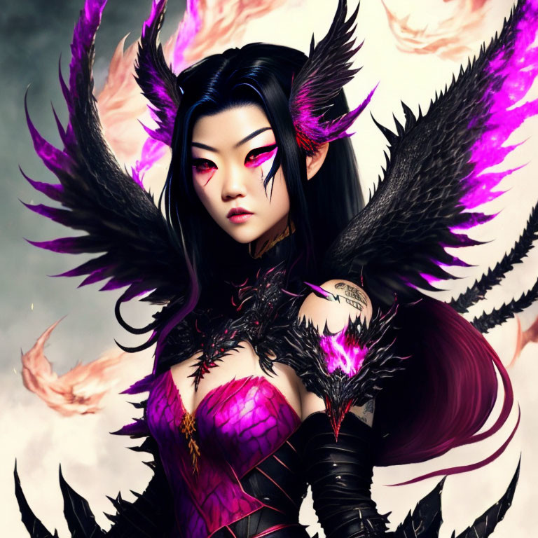 Digital Artwork: Woman with Dark Angel Wings and Purple Highlights