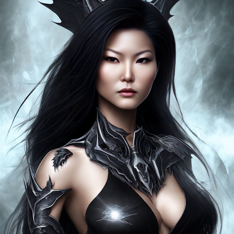 Dark fantasy armor woman with spiked shoulder pads and crown in misty background