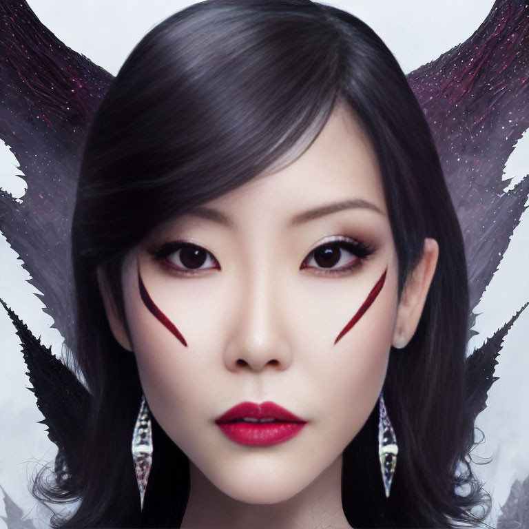 Dark-haired woman with winged makeup and fairy-like ears in fantastical setting