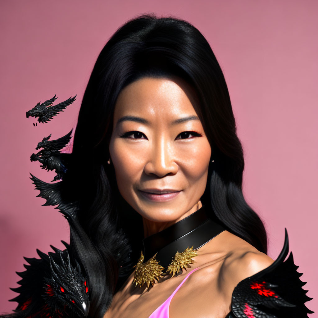 Smiling woman with black hair and digital black dragons on pink background