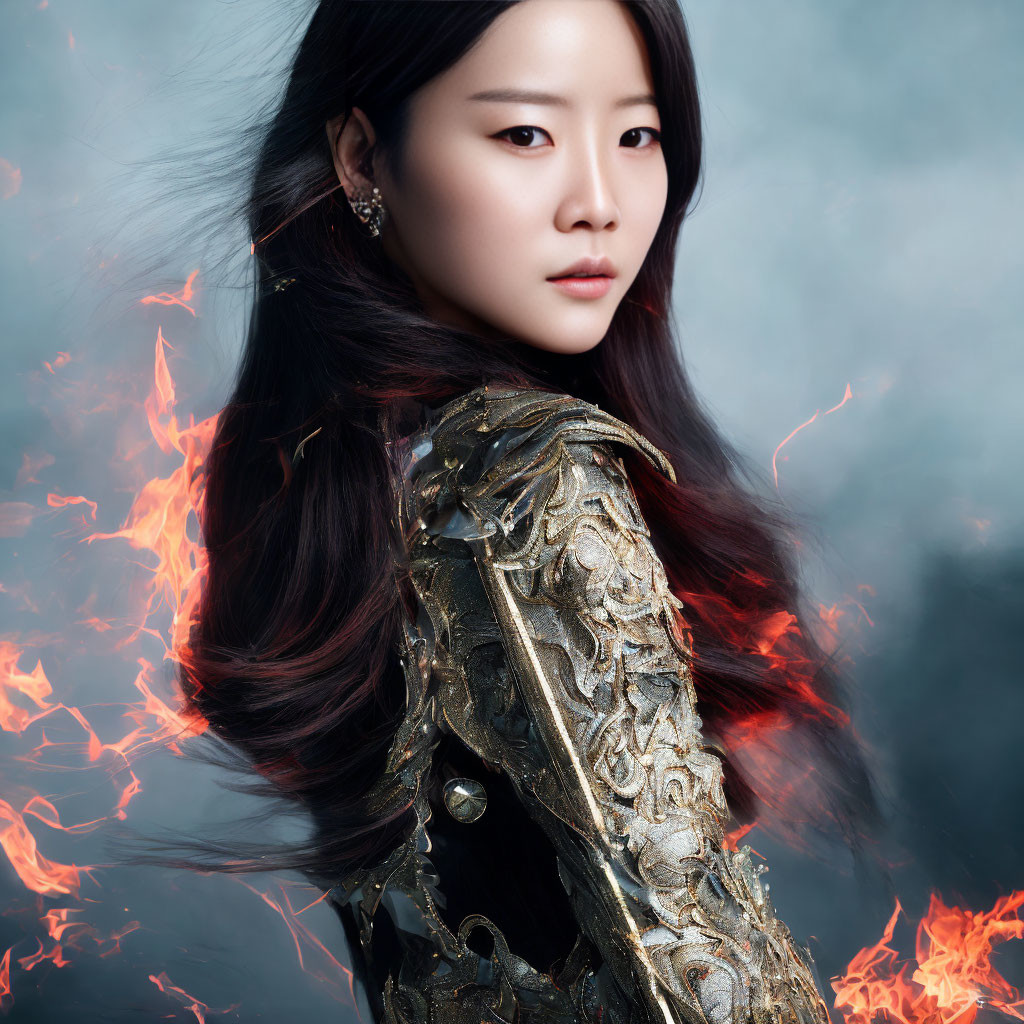 Dark-haired woman in gold and black armor surrounded by fire and smoke