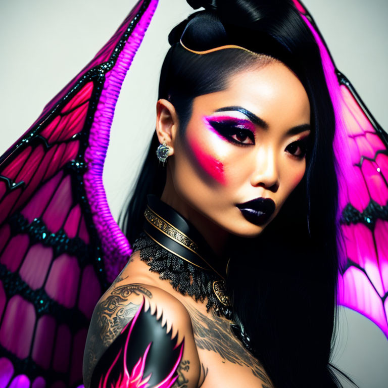 Vibrant makeup and butterfly wing accessory on woman with intricate tattoos