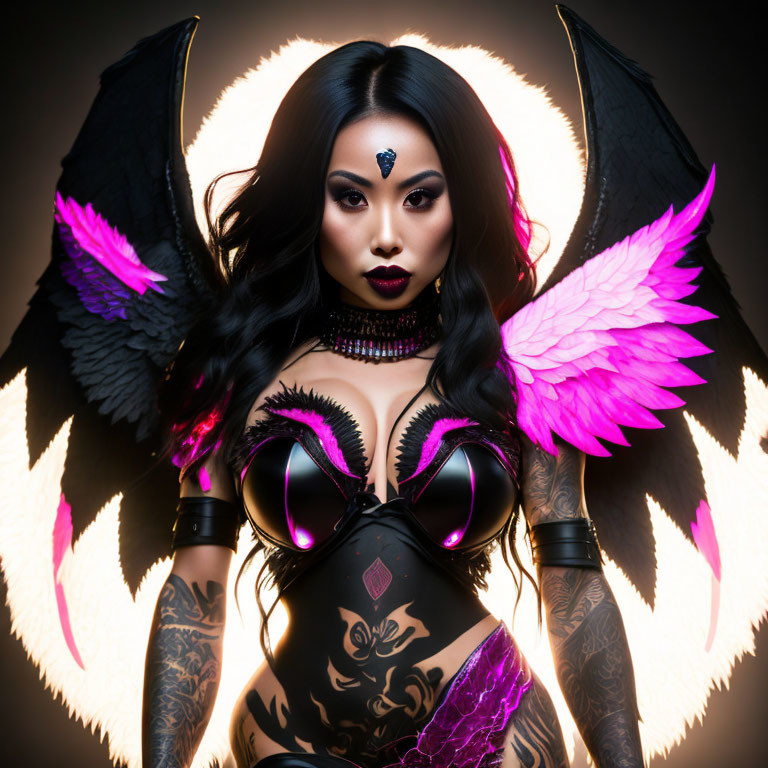 Gothic person with black wings, tattoos, dark makeup, and braided hairstyle in fiery setting