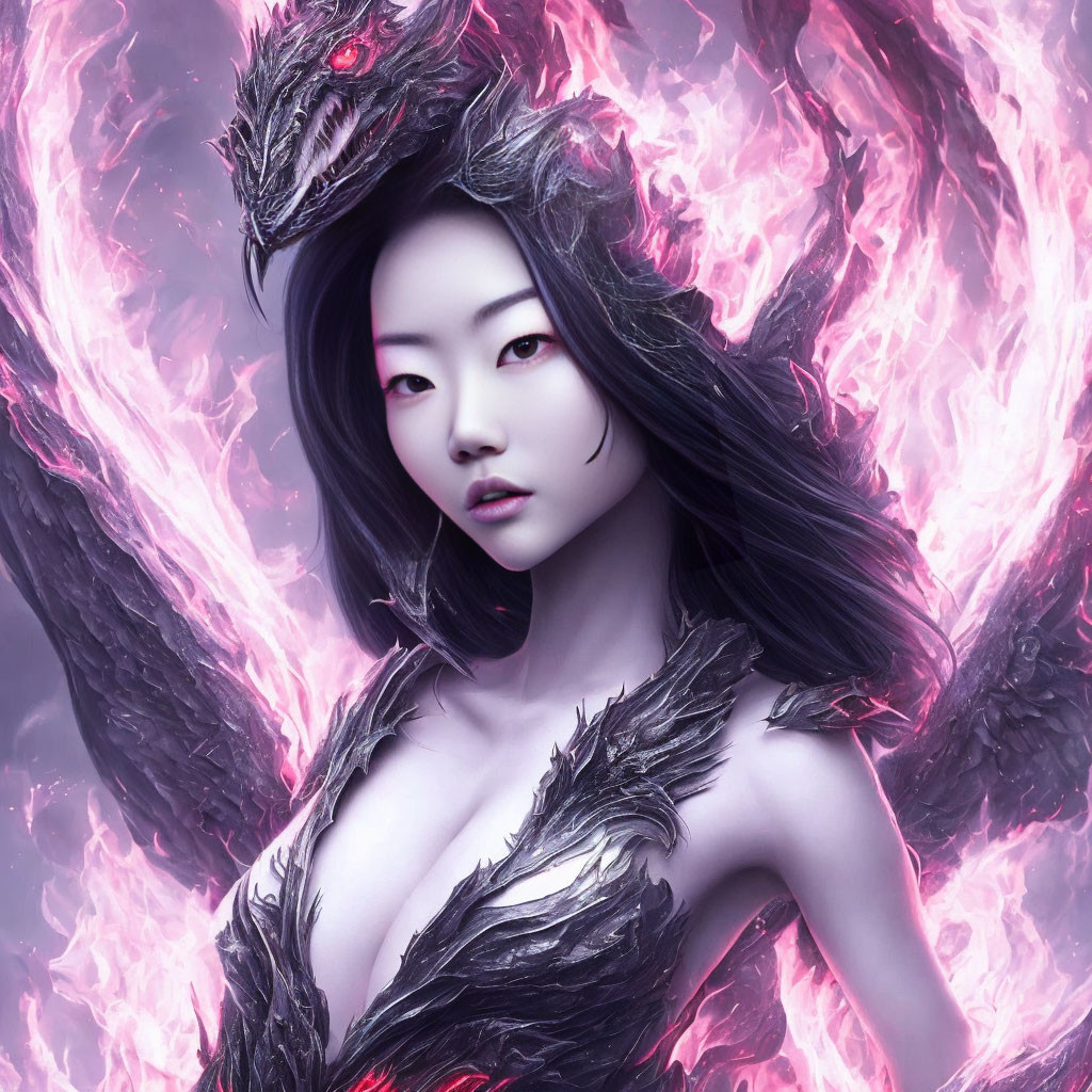 Enigmatic woman in dark feathery armor surrounded by magenta flames