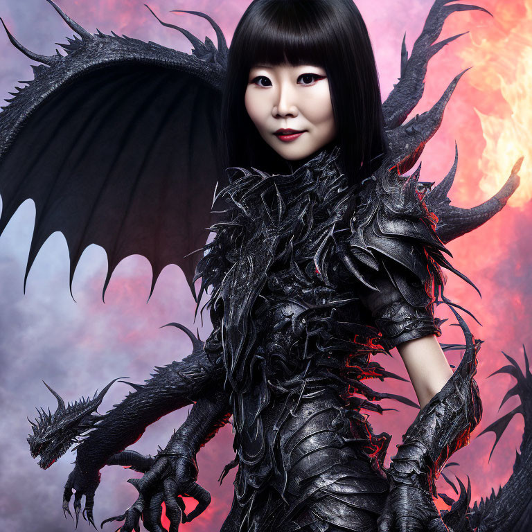 Elaborate dark dragon-inspired armor on person with wings in fiery backdrop