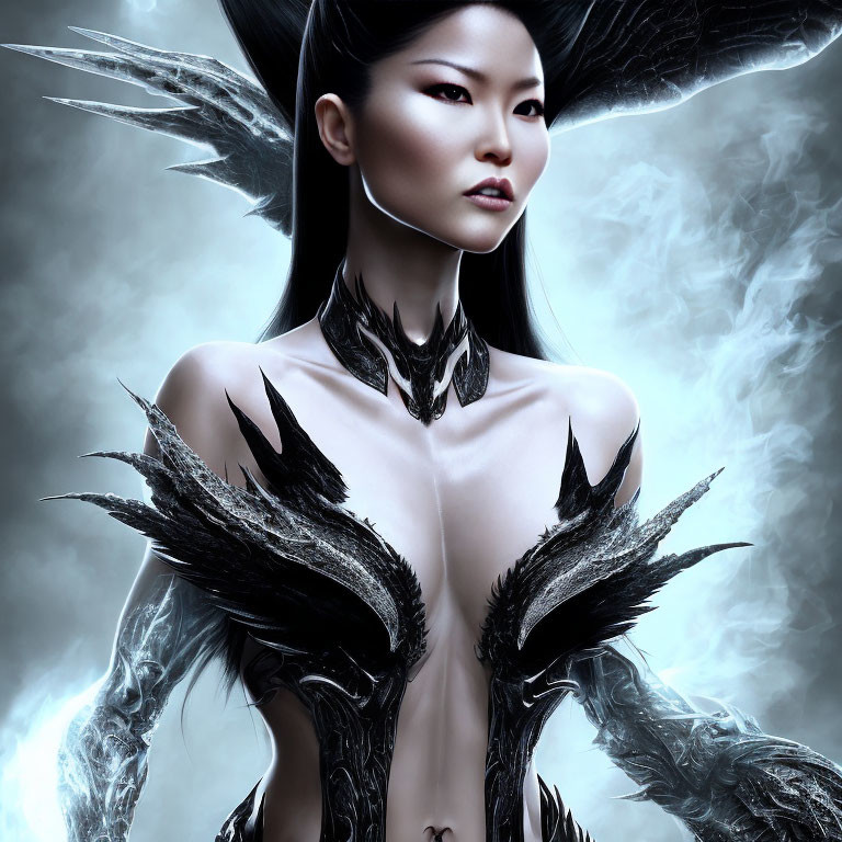 Digital artwork of Asian woman with black feathered wings and armor on misty blue background