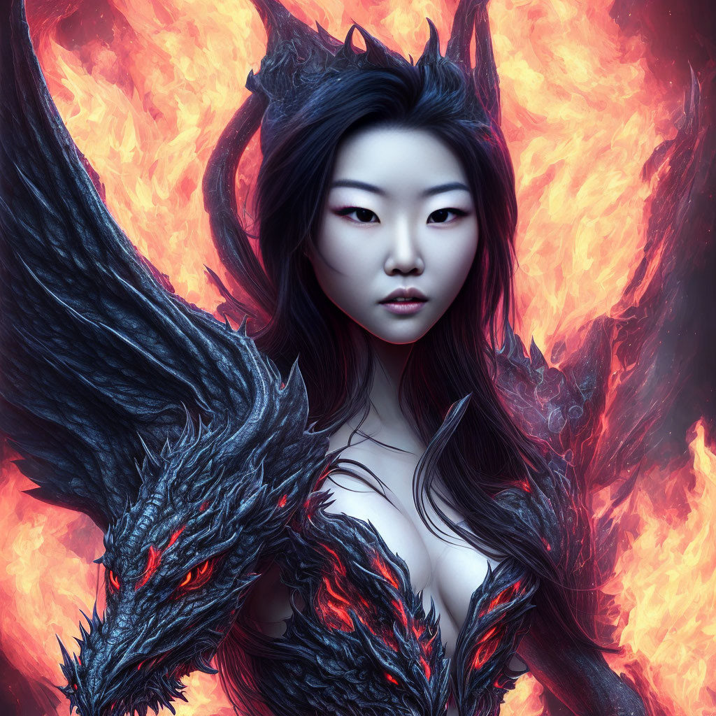 Fantasy illustration of a dragon-human hybrid woman with fiery background