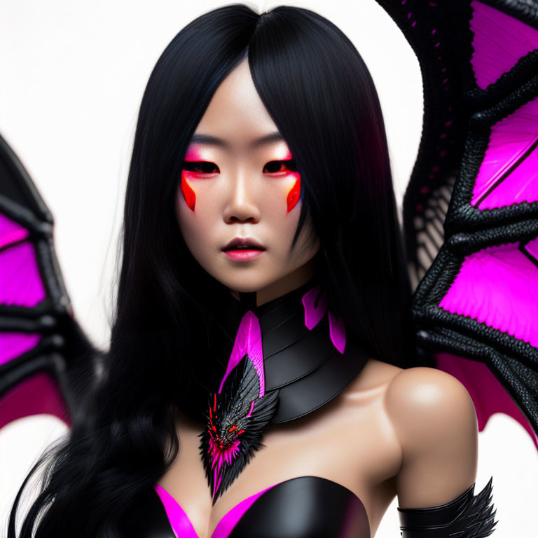 Digital Artwork: Woman with Black Hair and Fantasy Wings