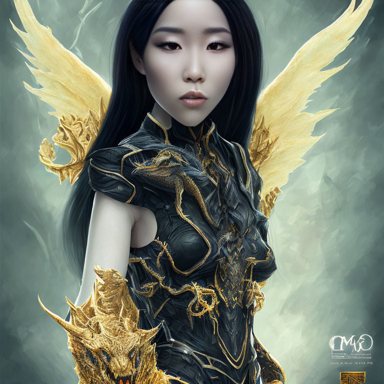 Ethereal woman with dark hair in dragon-themed armor and golden wings