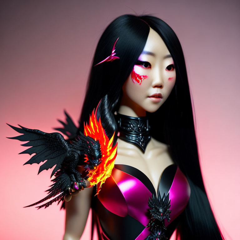Detailed Fantasy Doll with Black Hair, Vibrant Makeup, and Dragon Companion