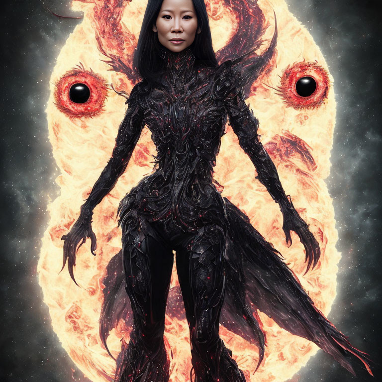 Fantasy woman in black armor with cosmic backdrop