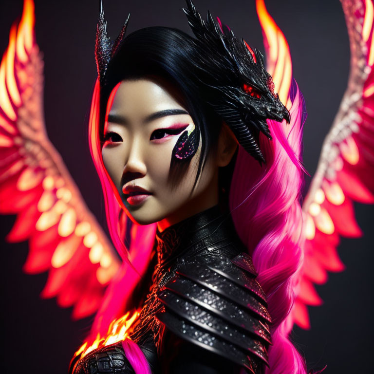 Fantasy Phoenix Theme: Woman in Dramatic Makeup, Black Armor, Pink Hair, and Fiery