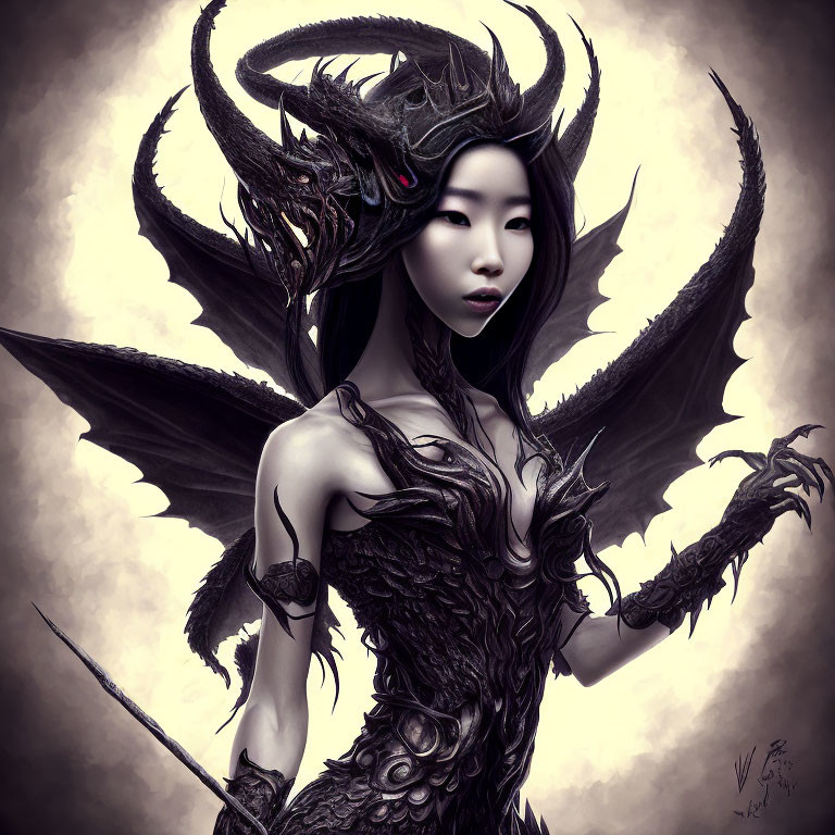 Monochrome digital artwork of a woman with dark horns and mystical aura