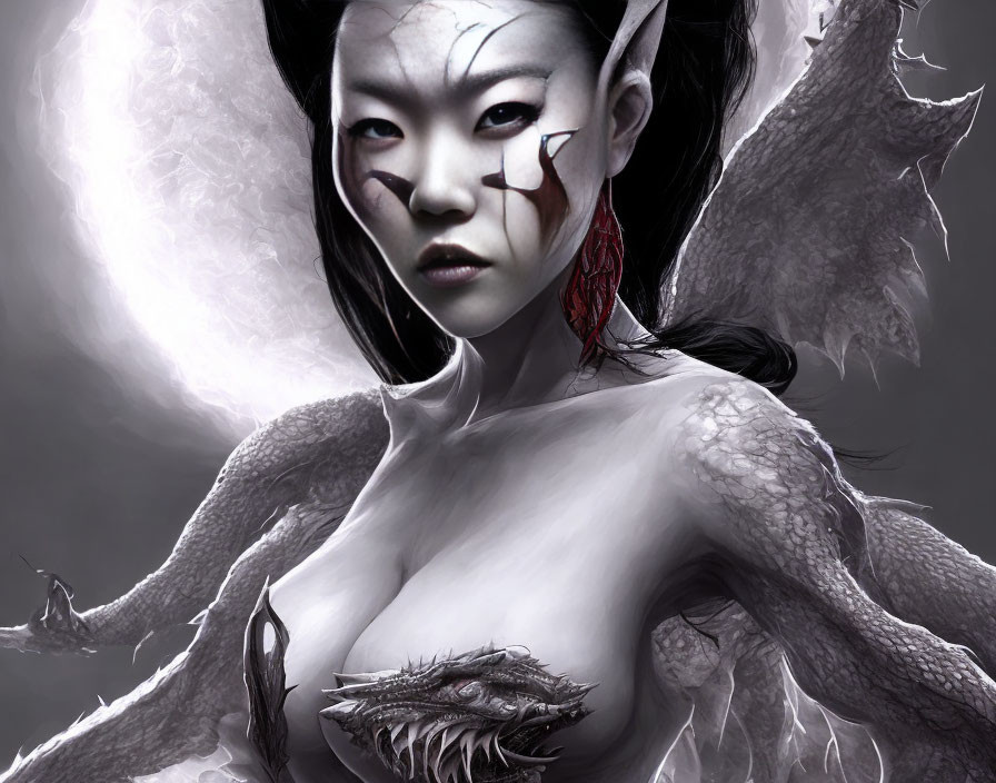 Fantastical female figure with dragon-like wings and unique facial markings on monochromatic background