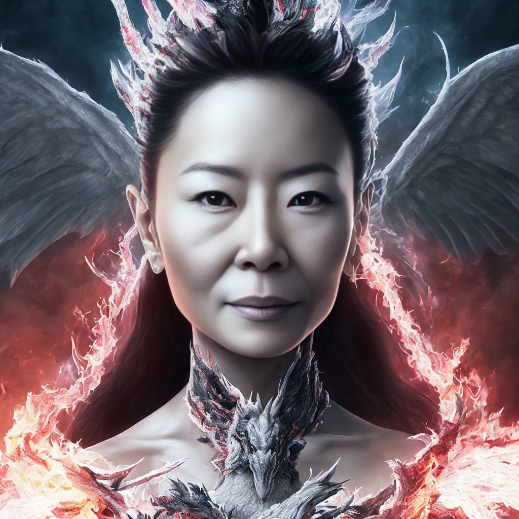 Portrait of a woman with dragon-like wings and stylized collar on dark background