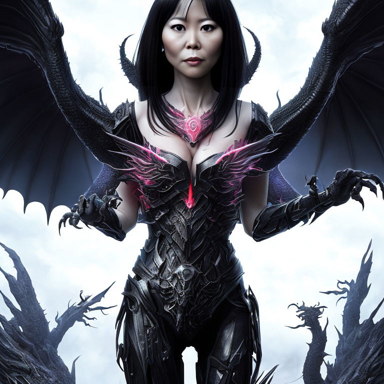 Digital artwork of woman in dragon armor with wings and glowing red amulet