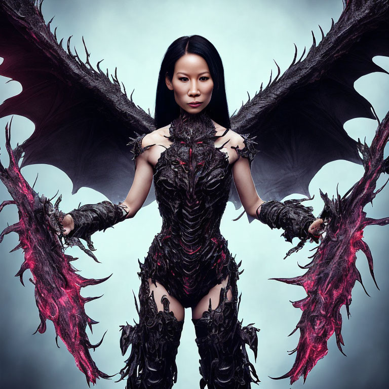 Elaborate dark fantasy armor on woman with wing-like structures