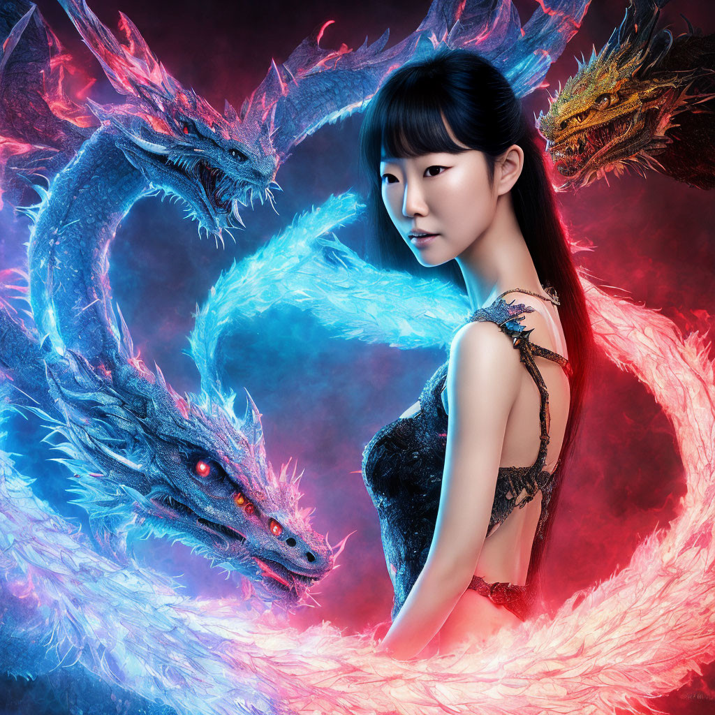 Woman surrounded by vibrant dragons in mystical setting