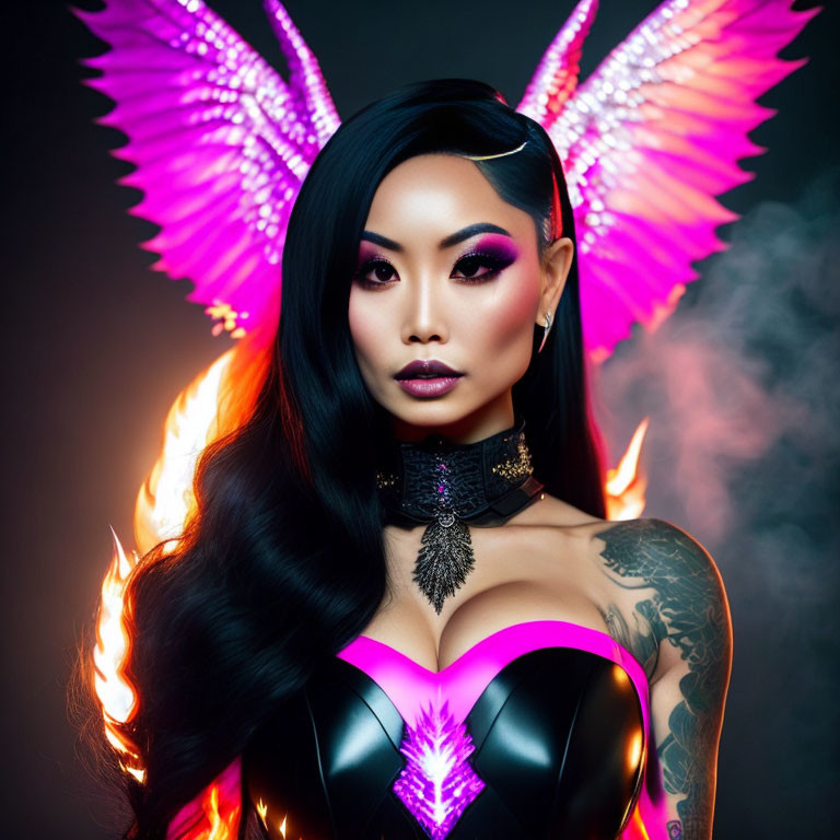 Vibrant pink wing graphics and fiery visual effects on woman with black and pink bodice
