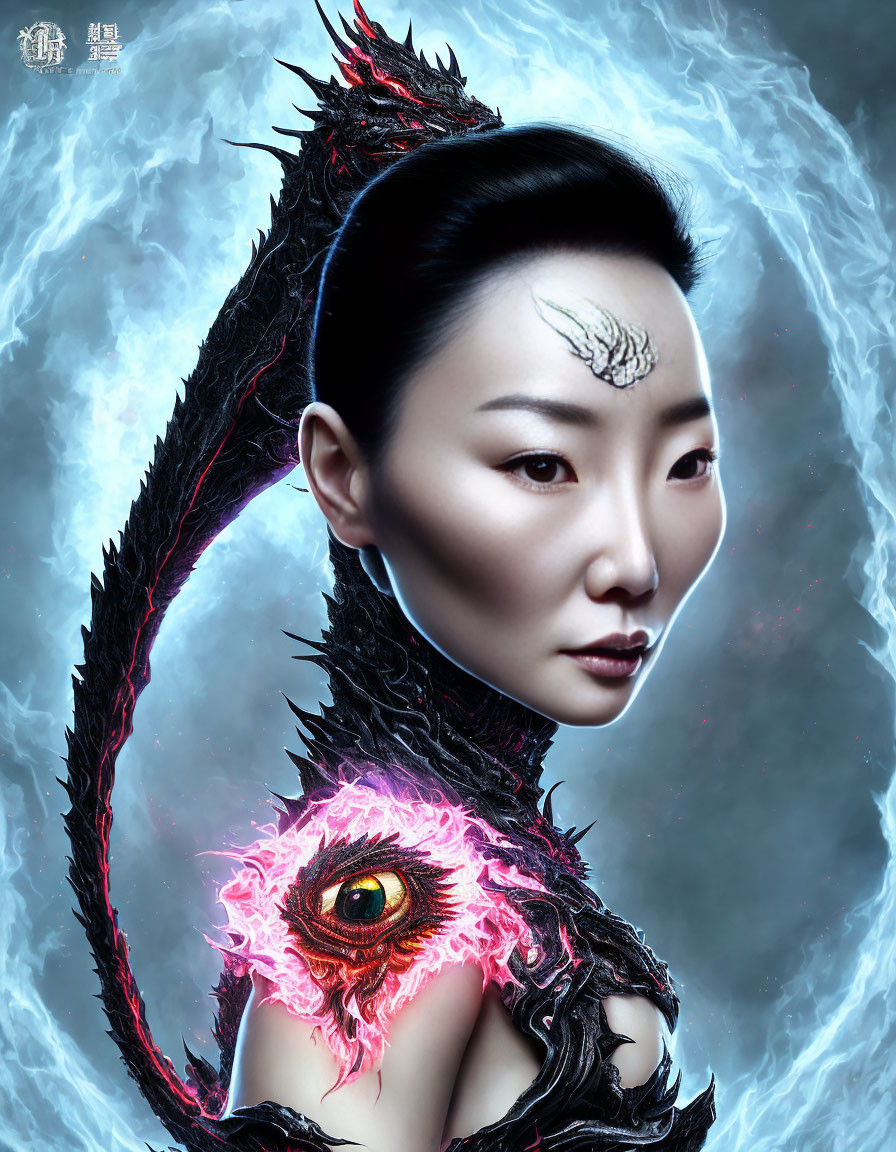 Digital Art: Woman with Dragon-Like Creature and Vivid Eye