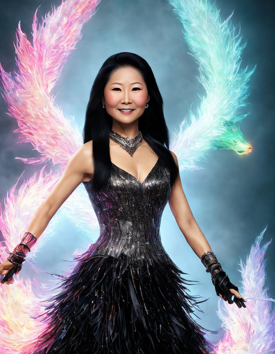 Smiling Woman in Black Dress with Colorful Glowing Wings