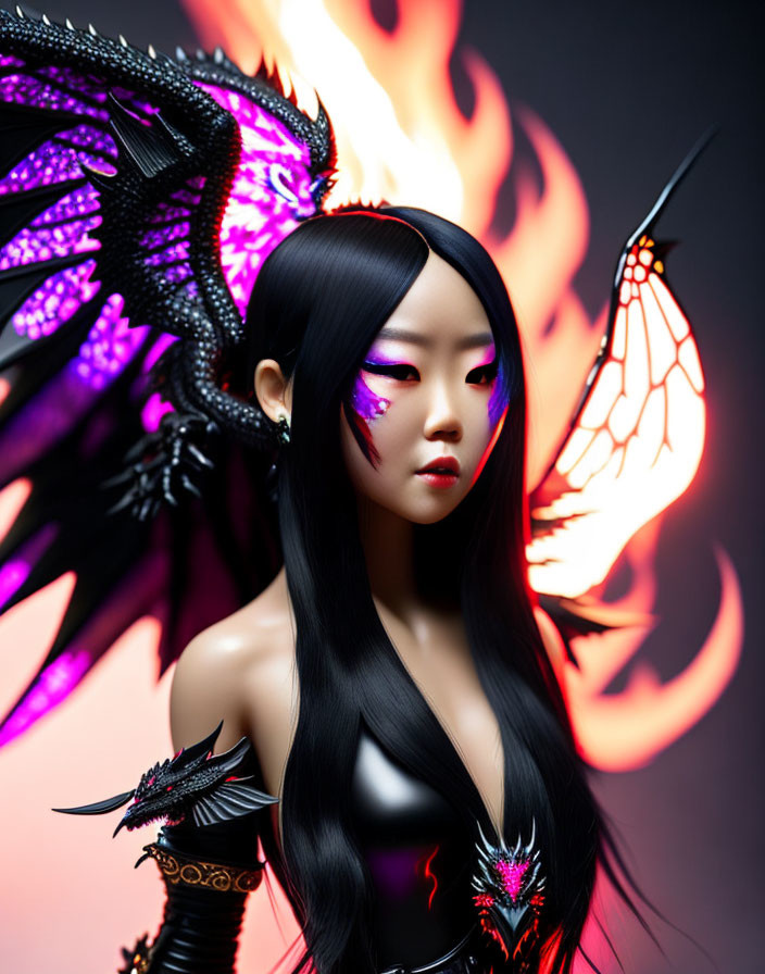 Dark-haired woman with purple makeup beside black dragon with fiery butterfly wings