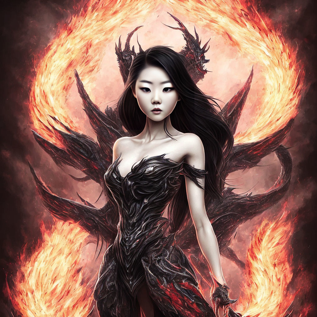 Dark-armored woman in front of fiery phoenix backdrop exudes mystical aura