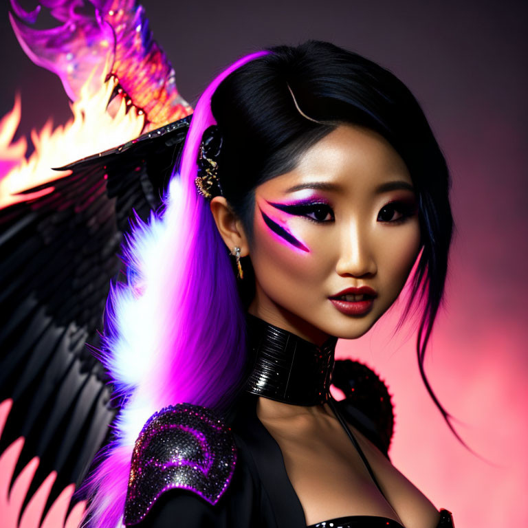 Woman with dramatic makeup and dark hair in black attire with fiery winged creature on shoulder